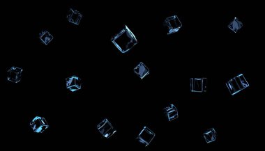 Siyah zemin üzerinde şeffaf buz küpleri veya cam.