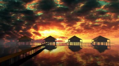 Tropiklerdeki deniz veya okyanus kenarında güzel bir günbatımının animasyonu. Maldivler veya diğer adalar