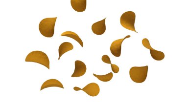 Atıştırmalık patates cipsi, çıtır çıtır, lezzetli. Patates kızartması 3d illüstrasyon