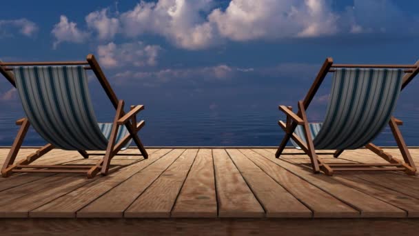 两张椅子 一张甲板椅 在热带地区的海上放松一下 3D说明 — 图库视频影像