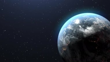 Yıldızlar arasında uzayda uçan Dünya gezegeninin animasyonu.