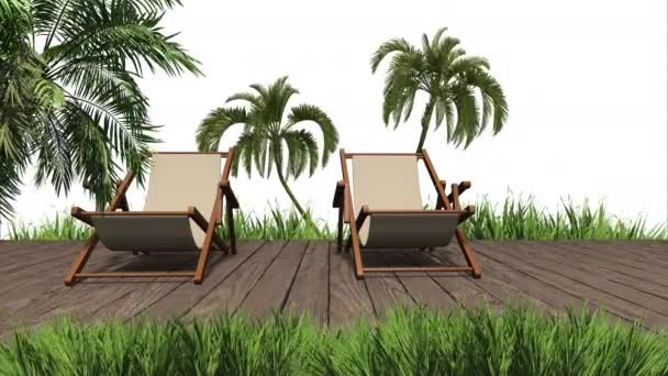 バンガロー ヤシの木と草とデッキチェア 白の背景をデザインするための3Dレンダリングブランク — ストック動画