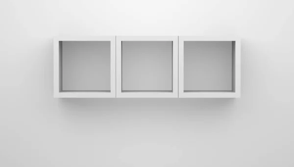 家具3D插画 用现代最小概念看白色桌子和墙壁背景上的空架子 — 图库照片
