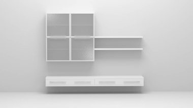 Parlak bir odanın içindeki 3D çizim mobilyaları. Sanat konsepti, tasarım.