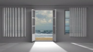 Pencereden deniz manzarası ve sahil manzarası. Denizde ve doğada tatil kavramı, seyahat, seyahat.