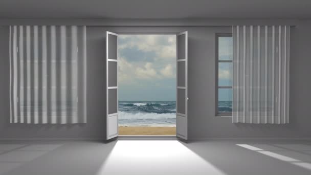窓から海とビーチの景色のアニメーション 海と自然での休暇の概念 — ストック動画