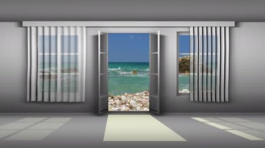 Pencereden deniz manzarası ve sahil manzarası. Denizde ve doğada tatil kavramı, seyahat, seyahat.