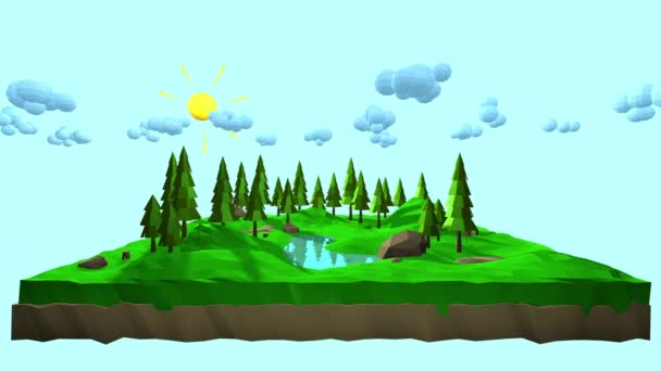 山岳地帯のアニメーション風景の森 クリスマスツリー 草や石屋外レクリエーション — ストック動画