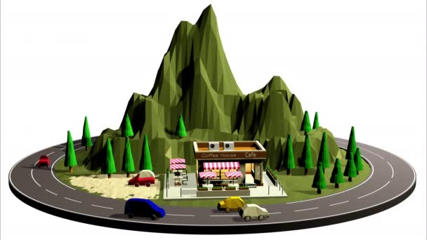 一个路边咖啡馆 山路上的咖啡屋的3D插图 旅行假期概念 — 图库视频影像
