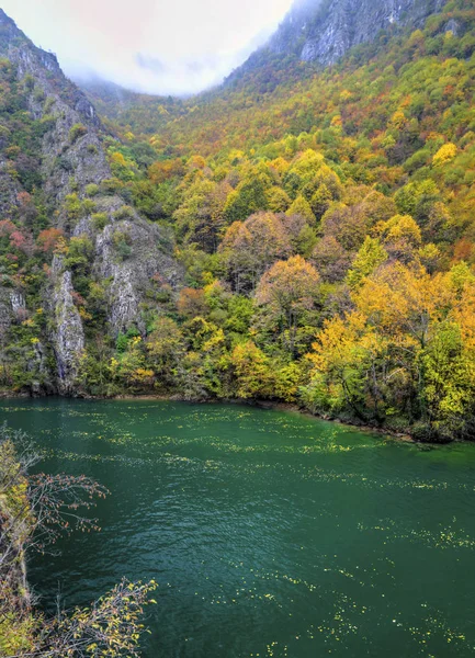 Bellissimo paesaggio con fiume e foresta autunnale colorata — Foto Stock