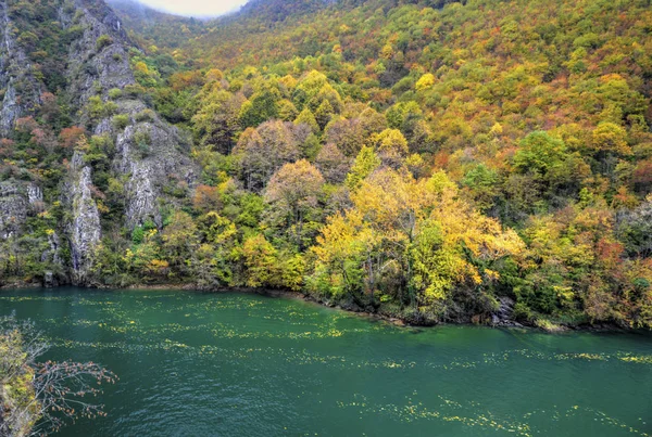 Vackert landskap med floden och färgglada hösten skogen — Stockfoto