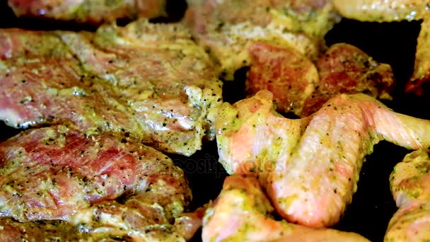 Baking fresh meat on grill — Stock Video