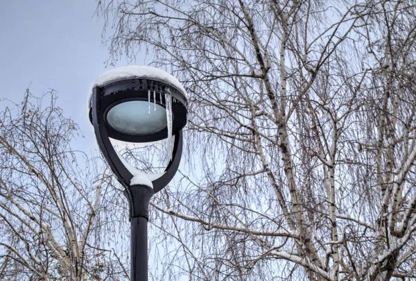 Luz de rua congelada com icicles no dia frio de inverno — Fotografia de Stock