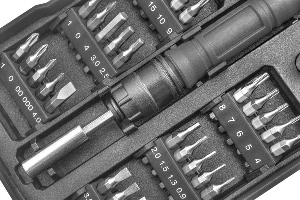 Mechanical bit tool set in black and white — Stock Photo, Image