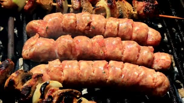 Hornear carne fresca en la barbacoa — Vídeo de stock