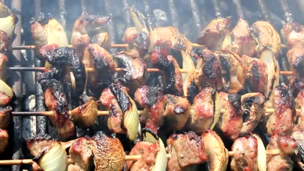 Випічка свіжого м'яса на барбекю — стокове відео
