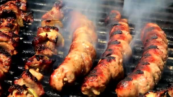 Memanggang daging segar pada barbekyu — Stok Video