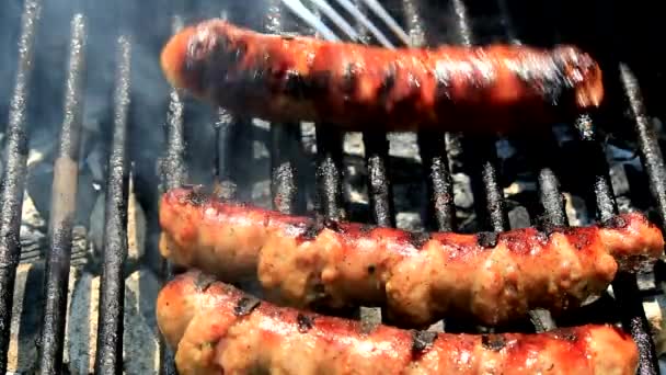Bakken van vers vlees op de barbecue — Stockvideo