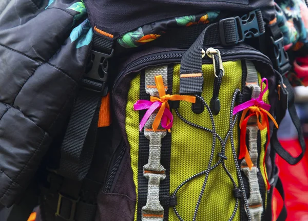 Beautiful decorated tourist backpack — Stock Photo, Image