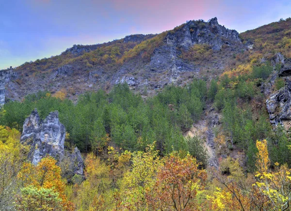 Renkli sonbahar orman ile dağ manzara — Stok fotoğraf