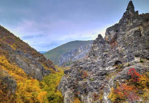 Горный пейзаж с красочными осенними лесами — стоковое фото