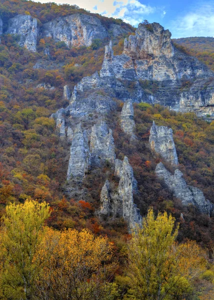 Пейзаж в горах з барвистим осіннім лісом — стокове фото