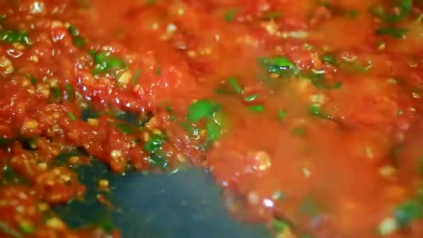 Cocinar Delicioso Primer Plano Salsa Tomate — Vídeo de stock