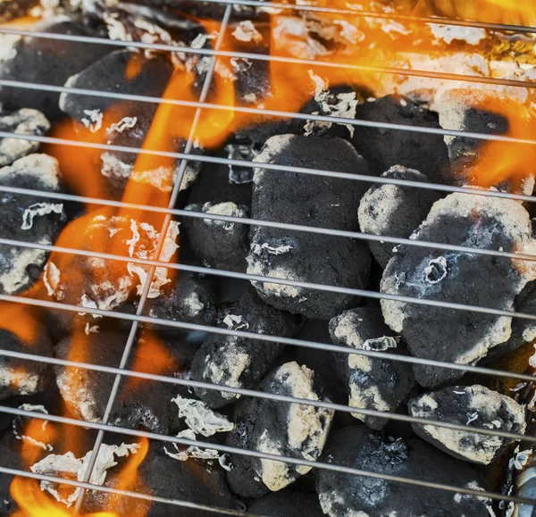 Brennende Flammen Und Grill Nahaufnahme — Stockfoto