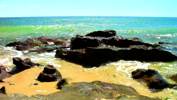 Hermosa Vista Con Rocas Olas Mar Una Playa Soleada — Vídeo de stock