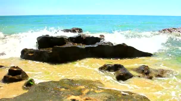 Belle Vue Avec Rochers Vagues Sur Une Plage Ensoleillée — Video