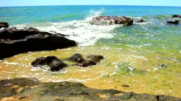 Belle Vue Avec Rochers Vagues Sur Une Plage Ensoleillée — Video