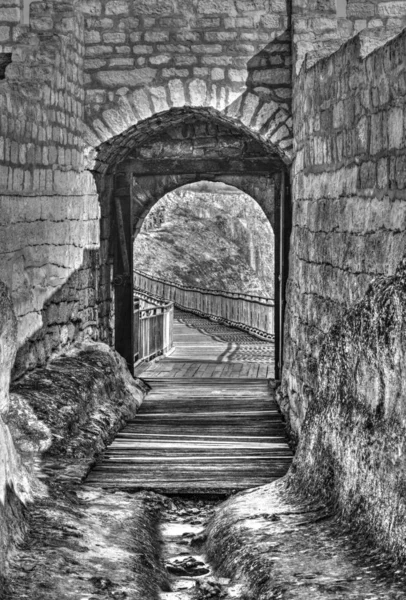 Look Thru Opened Stone Gate Ancient Fortress Black White — Stock Photo, Image