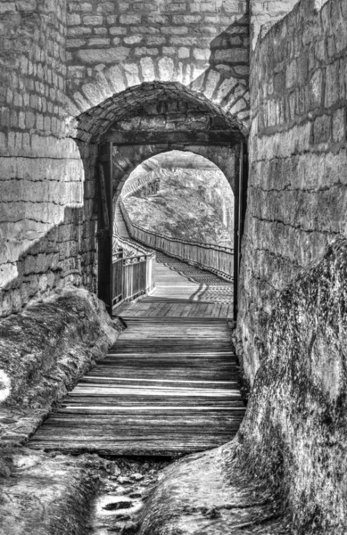 Look Thru Opened Stone Gate Ancient Fortress Black White — Stock Photo, Image