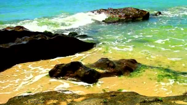 Bela Vista Com Rochas Ondas Mar Uma Praia Ensolarada — Vídeo de Stock