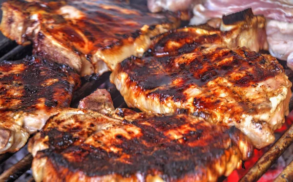 Grilling Fresh Meat Barbeque Close View — Stock Photo, Image