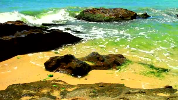 Bela Vista Com Rochas Ondas Mar Uma Praia Ensolarada — Vídeo de Stock