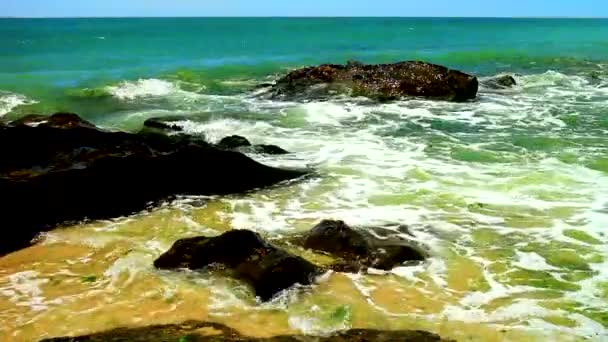 Bela Vista Com Rochas Ondas Mar Uma Praia Ensolarada — Vídeo de Stock