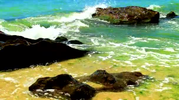 Güneşli Bir Sahilde Kayalar Deniz Dalgalarıyla Güzel Bir Manzara — Stok video