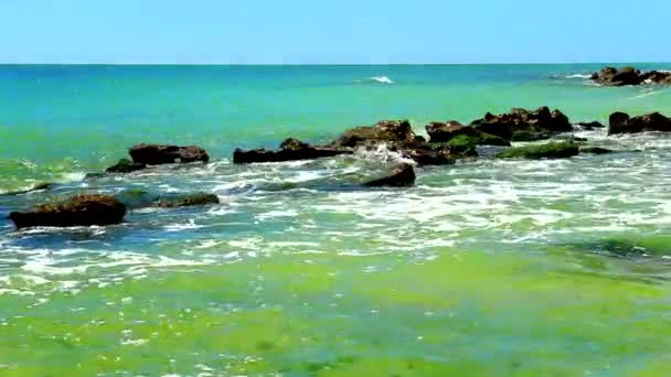 Güneşli Bir Sahilde Kayalar Deniz Dalgalarıyla Güzel Bir Manzara — Stok video