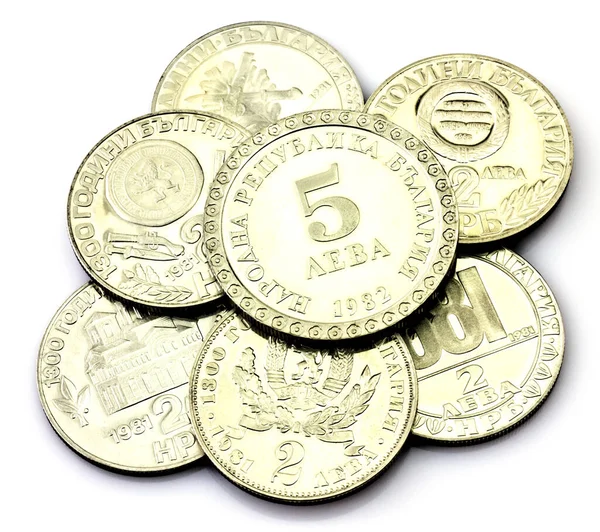 Pile Anniversary Coins Republic Bulgaria Isolated White Background Close View — Stock Photo, Image