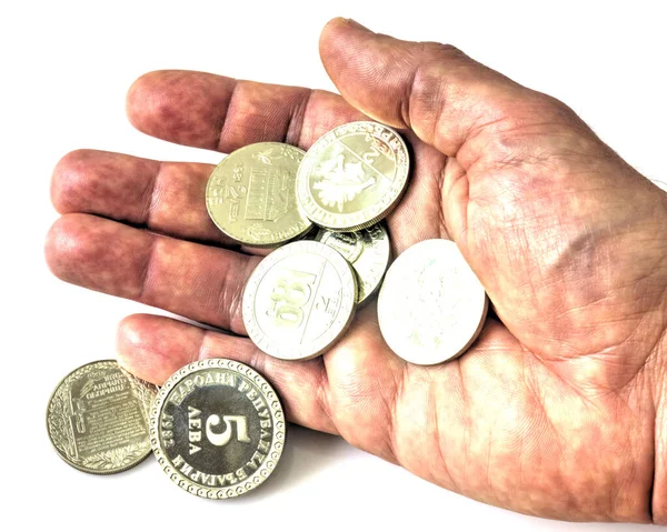 Купа Ювілейних Монет Республіки Болгарія Руках Людини Ізольованих Білому Тлі — стокове фото