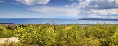 Mavi gökyüzü, deniz ve taze yeşil ormanla güzel bir manzara.