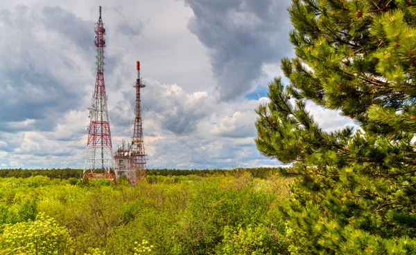 Gyönyörű Táj Drámai Égbolttal Antenna Tornyokkal Friss Zöld Erdőben — Stock Fotó