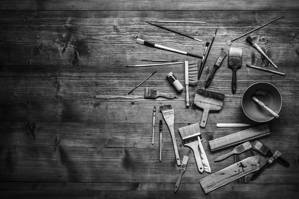 Painting Still Life Lot Type Brushes Other Tools Wooden Background — Stock Photo, Image