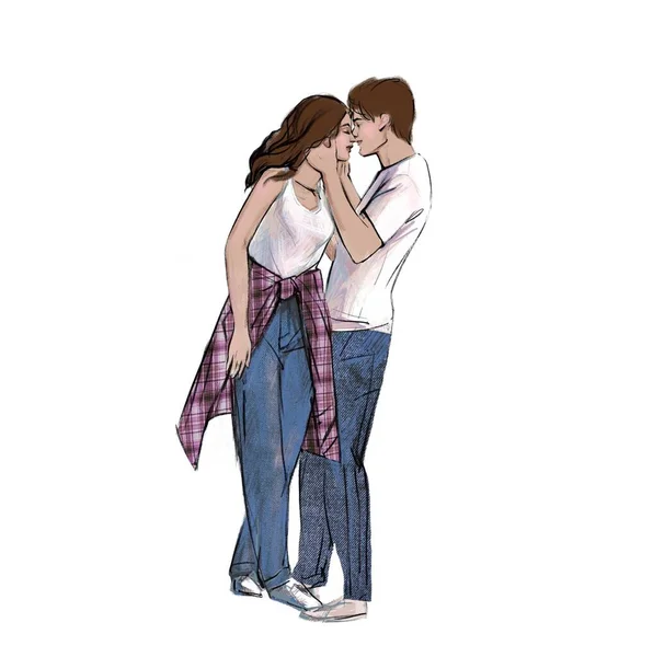 Digital Raster Illustration Cute Man Woman Hugging Blue Beige Brown — Stock Photo, Image