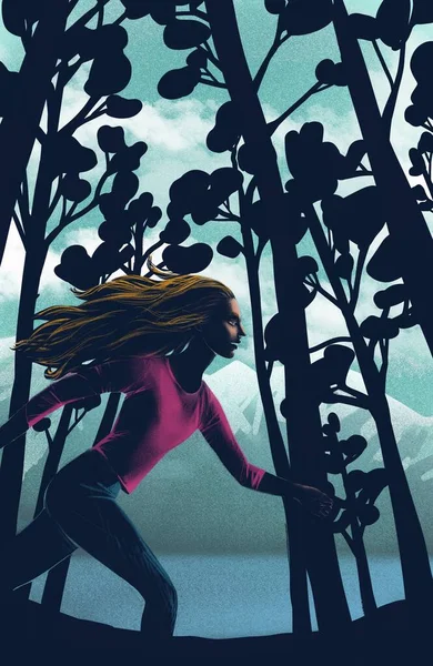 Cyfrowy Raster Ilustracja Słodkie Dziewczyny Jej Włosy Biegające Lesie Fioletowy — Zdjęcie stockowe