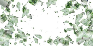 Para yığını. Düşen banknotlar. Beyaz izolasyon geçmişi üzerine Avrupa parası.