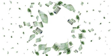 Para yığını. Düşen banknotlar. Beyaz izolasyon geçmişi üzerine Avrupa parası.