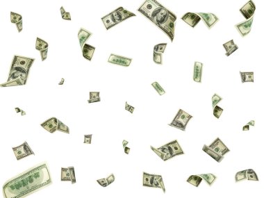 100 dolarlık banknot. Düşen para izole arka plan. Amerikan nakit.