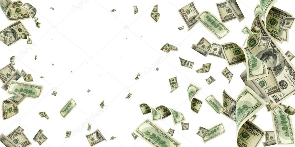 Hundred dollar bill. Falling money isolated background. American cash.
